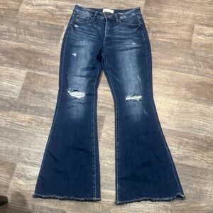 Risen Distressed High Rise Flare Jeans Dark Wash